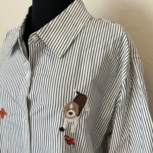 Bechamel Button Up Striped Embroidered Cats Dogs 3/4 Sleeve Blouse Top Size 2X - Picture 5 of 12